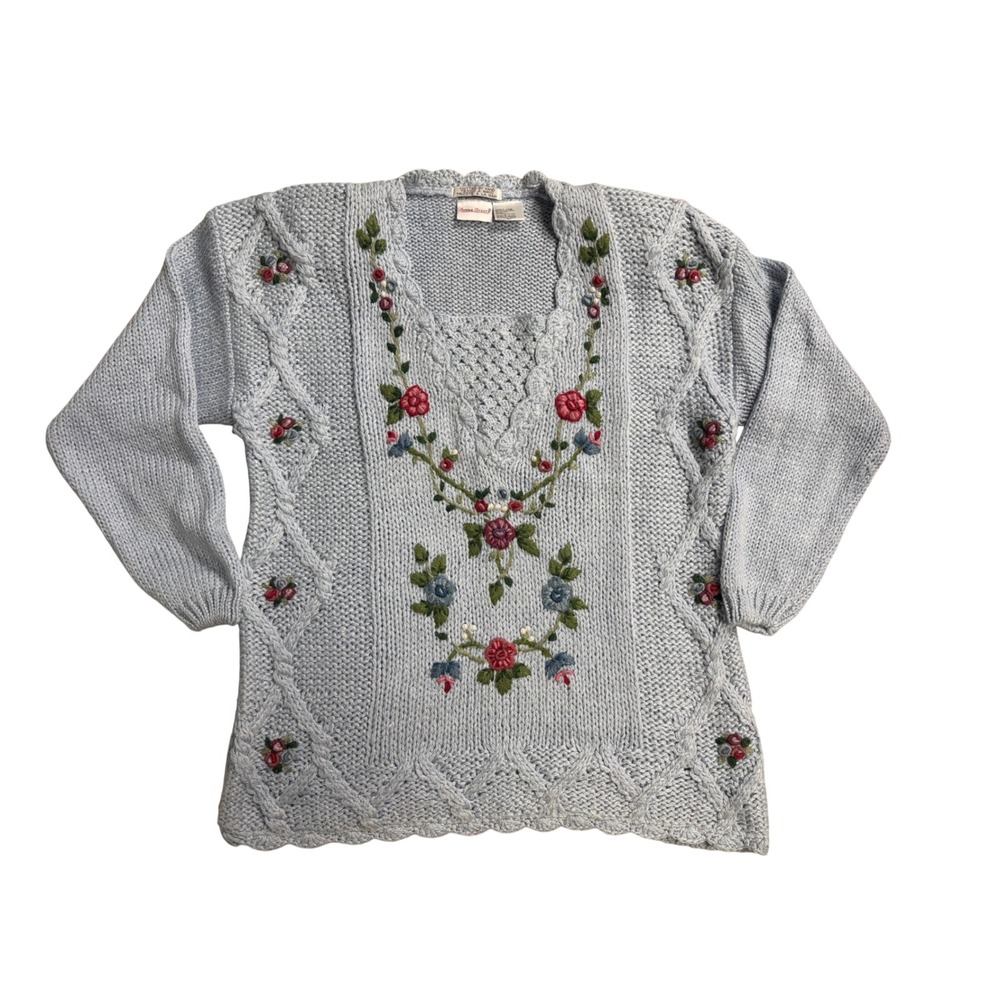 Vintage 90s Bobby Brooks Blue Floral Embroidered Cable Knit Sweater Large